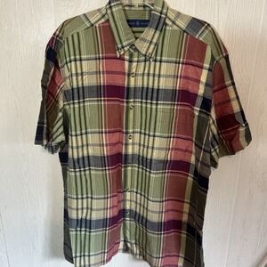 world island shirt XL Apple Green Red Plaid Button Done